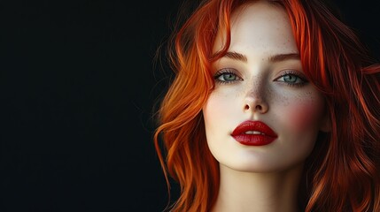 Fototapeta premium Beautiful model with vibrant red hair and bold lips posing against a black background The image highlights healthy dyed hair and modern hairstyle Horizontal format : Generative AI