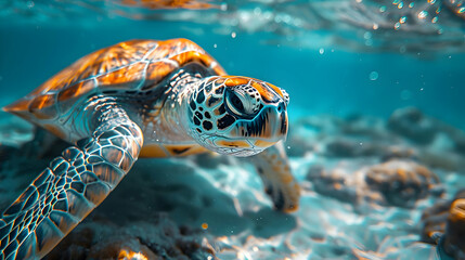 Fototapeta premium Sea Turtle Underwater Close Up - Realistic Image