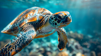 Fototapeta premium Sea Turtle Swimming in Blue Water - Realistic Image