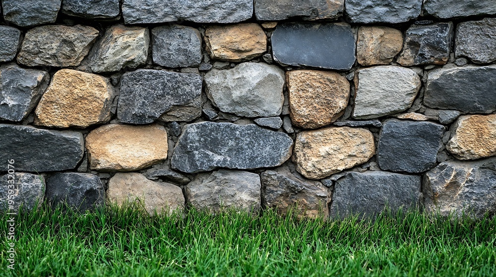 Aufkleber light brown and gray stone wall with light grout behind a strip of green grass beautiful old stone p