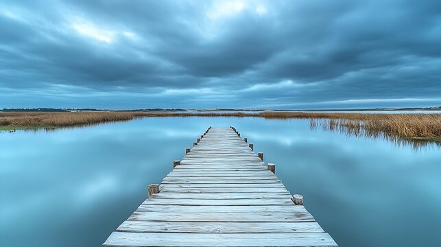 Empty wooden pier to the Ria de Aveiro in Portugal with dramatic sky and calm water Torreira Murtosa  Portugal : Generative AI