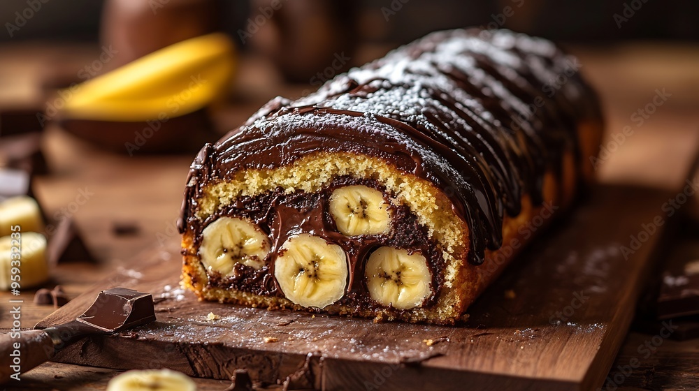 Aufkleber banana chocolate swiss roll cake sponge roll with chocolate filling and banana : generative ai