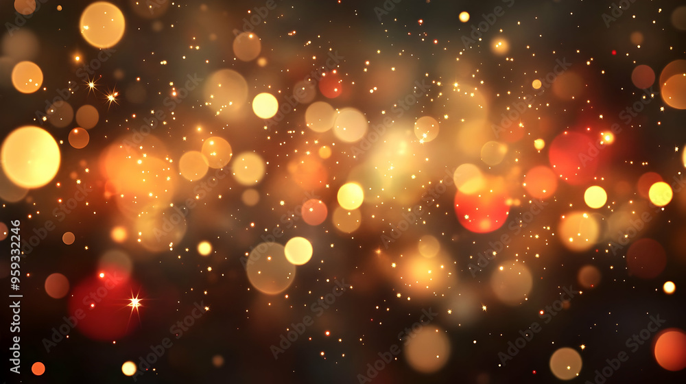 Poster abstract festive background with golden and red bokeh lights.