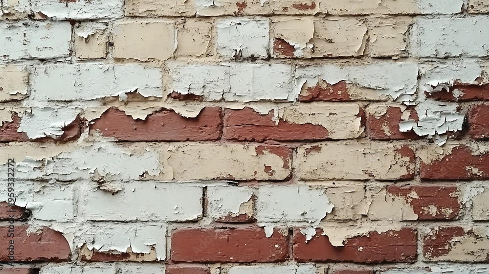 Poster a brick wall with white paint peeling off the wall is red and brown in color the wall has a rough te
