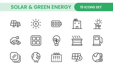 A Modern and Versatile Icon Set for Solar Energy, Renewable Resources, Eco-Friendly Solutions, and Green Technology Initiatives