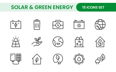 A Modern and Versatile Icon Set for Solar Energy, Renewable Resources, Eco-Friendly Solutions, and Green Technology Initiatives