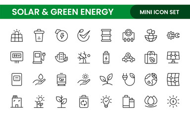 A Modern and Versatile Icon Set for Solar Energy, Renewable Resources, Eco-Friendly Solutions, and Green Technology Initiatives