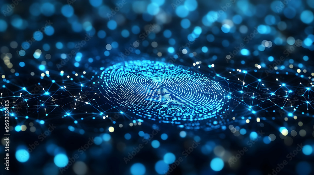 Poster abstract glowing blue fingerprint on a network of connected dots, representing security and identifi