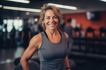Fototapeta premium Smiling portrait of a middle aged slightly overweight woman in gym