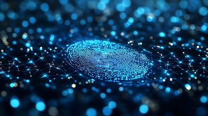 Abstract glowing blue fingerprint on a network of connected dots, representing security and identification.