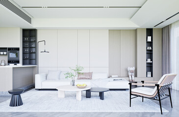 A cozy and luxurious modern living room and kitchen interior featuring stylish furniture, sleek design, and warm natural light