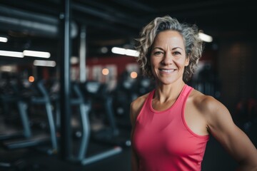 Fototapeta premium Smiling portrait of a middle aged slightly overweight woman in gym