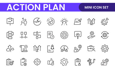 Line icons about action plan. Contains such icons as search strategy, target, scheme, timeline and workflow.Action plan set of web icons in line style. Strategy action planning icons.