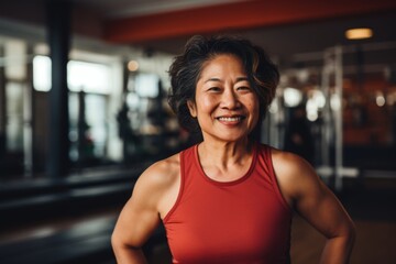 Fototapeta premium Smiling portrait of a middle aged slightly overweight woman in gym