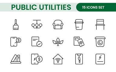  Public utilities linear signed icon collection. Signed thin line icons collection. Set of public utilities simple outline icons.