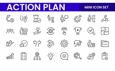 Line icons about action plan. Contains such icons as search strategy, target, scheme, timeline and workflow.Action plan set of web icons in line style. Strategy action planning icons.
