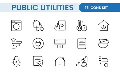  Public utilities linear signed icon collection. Signed thin line icons collection. Set of public utilities simple outline icons.