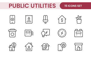  Public utilities linear signed icon collection. Signed thin line icons collection. Set of public utilities simple outline icons.