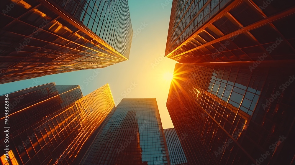 Poster bottom view of modern skyscrapers in business district at sunset with lens flare filter effect : gen