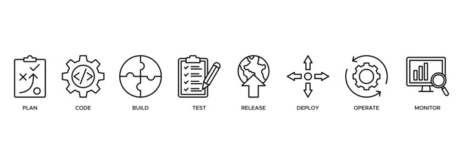 DevOps icon vector illustration banner web concept for software engineering and development with an icon of a plan, code, build, test, release, deploy, operate, and monitor