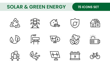 A Modern and Versatile Icon Set for Solar Energy, Renewable Resources, Eco-Friendly Solutions, and Green Technology Initiatives