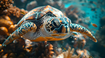 Obraz premium Close-Up of a Sea Turtle Swimming in a Coral Reef - Realistic Image