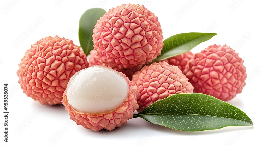 Poster Isolated lychee Whole and peeled lychee fruits with leaves isolated on white background with clipping path : Generative AI