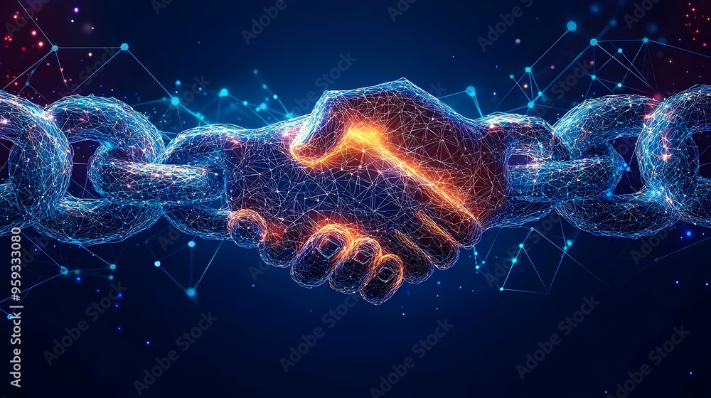 Poster abstract handshake with digital chain links connected by glowing lines on a dark blue background.