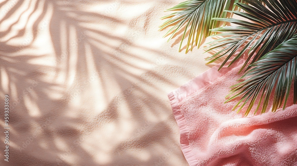 Poster summer pastel background top view beach towel on sand shadow of palm leaf sunlight summer beach day 