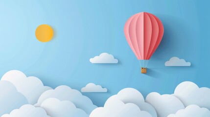A pink paper hot air balloon floats in a blue sky with white paper clouds and a yellow paper sun.