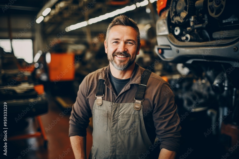 Wall mural Portrait of a middle aged male car mechanic in workshop