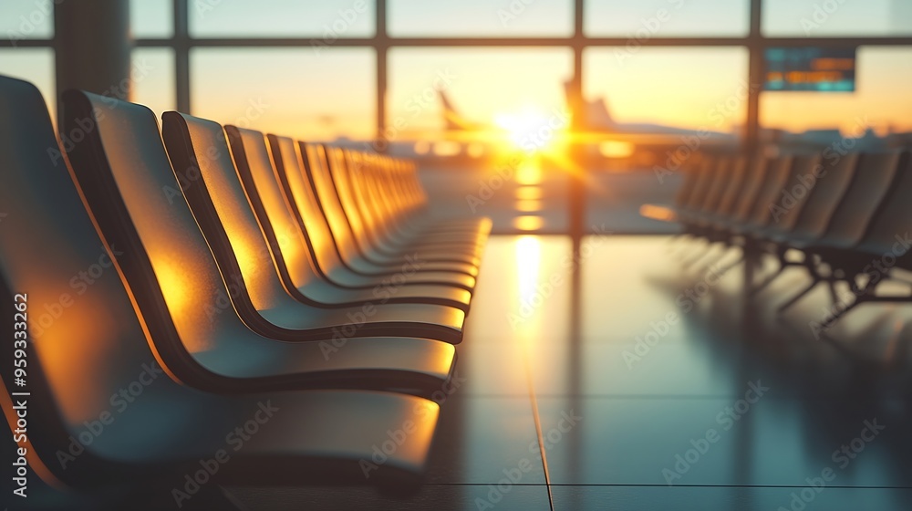 Poster Row of chairs at airport lounge airport lobby with no one and have windows at the back of image Seats for tourist are waiting for boarding flight at the gate : Generative AI