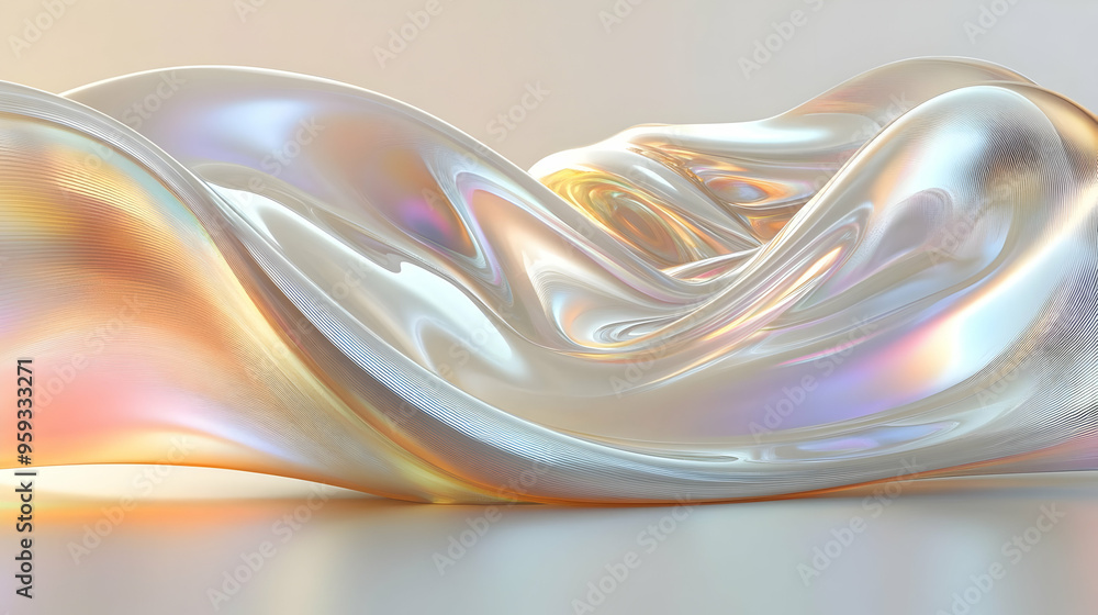 Poster abstract iridescent 3d waves with soft texture and color gradient.