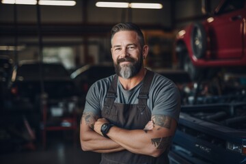 Portrait of a middle aged male car mechanic in workshop