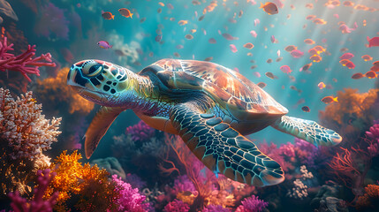 Sea Turtle Swimming Through Coral Reef Illustration
