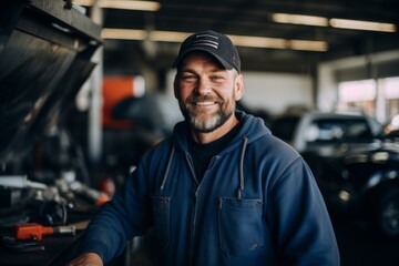 Obraz premium Portrait of a middle aged male car mechanic in workshop