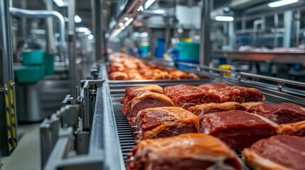 Automated production line in modern food factory.Factory for the production of food from meat.Industrial equipment at a meat factory. 