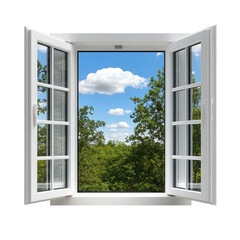 A window with a view of trees and a blue sky on a transparent background.