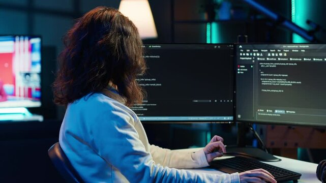 Teleworking system administrator futureproofing company network from downtimes and unexpected failures. Remote IT employee typing on keyboard, increasing data security, camera A