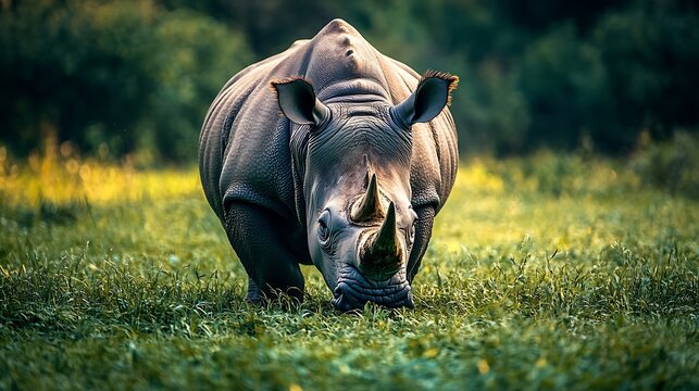 A large onehorned Rhino Grazing lush green grassland in Pobitora Wildlife Sanctuary : Generative AI