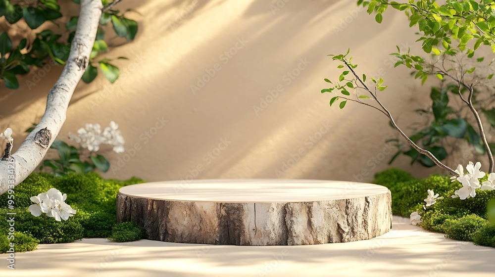 Poster wood podium platform on beige background with bark of birch wood branch green moss empty showcase fo