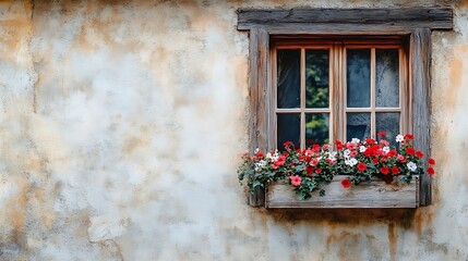 wall of a house with a window flowers on the windowsill rustic style house facade : Generative AI
