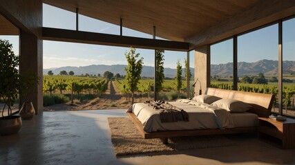 Fototapeta premium Minimalist Modern Bedroom in a Vineyard