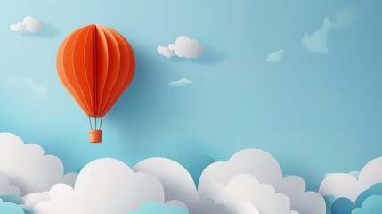 Obraz premium Paper craft hot air balloon flying in a blue sky with clouds.