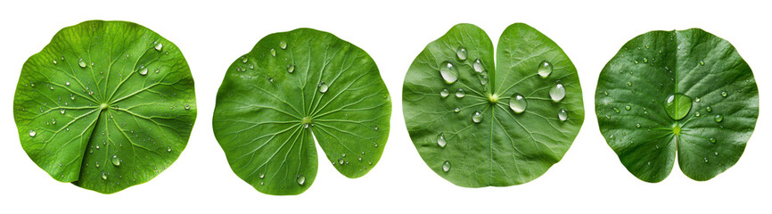 Four different types of leaves with water droplets on them on a transparent background.