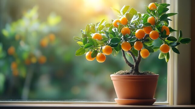 Tangerine tree with fruits in terracotta pot at home Decorative Calamondin citrus houseplant on windowsill Indoor gardening concept Citrus plant for interior Soft focus : Generative AI
