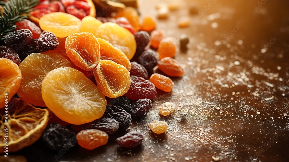 Poster mix of delicious dried fruits on table flat lay : generative ai