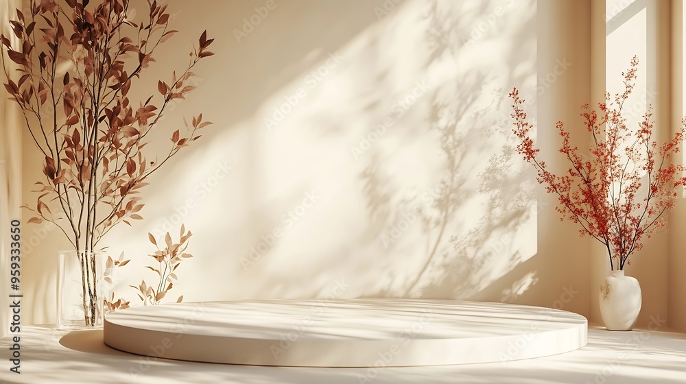 Poster background shadow studio autumn beige plant overlay podium 3d white light design table product room 