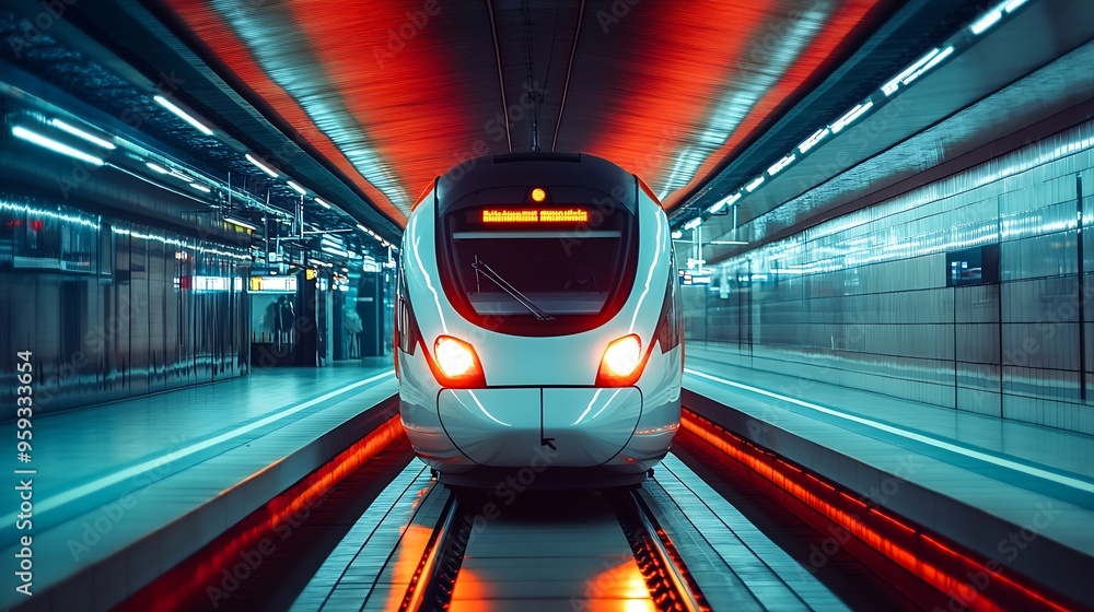 Poster modern high speed monorail train with bright headlights passes through the station : generative ai