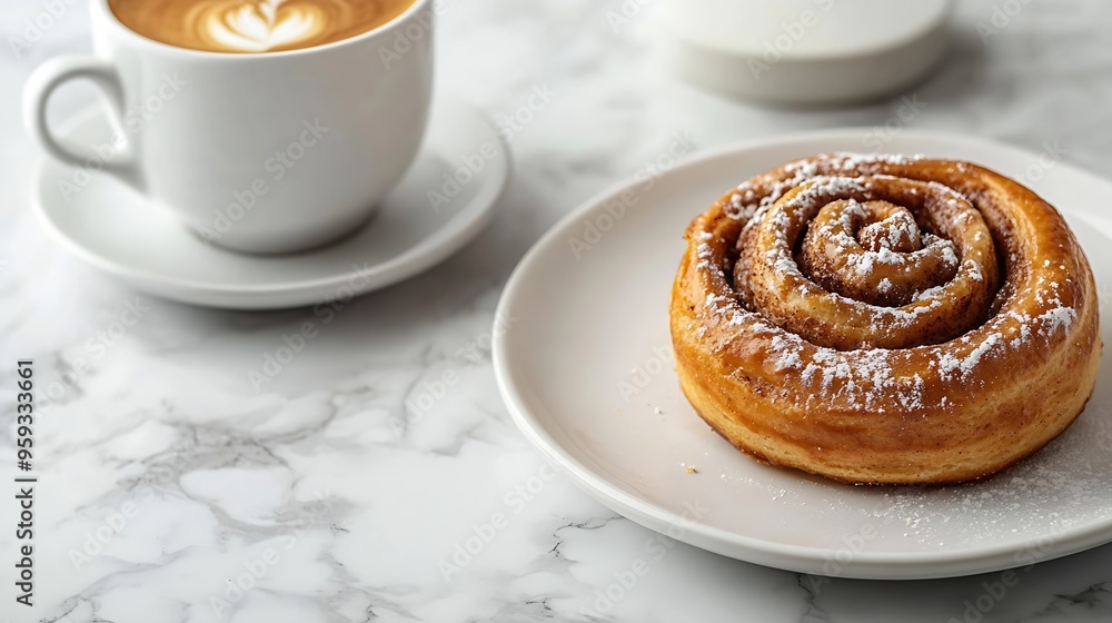 Poster freshly baked cinnamon roll with spices and cocoa filling and coffee or cappuccino on white serving 